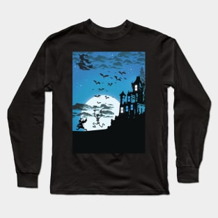 Spooky Blue Halloween Silhouette Illustration Long Sleeve T-Shirt